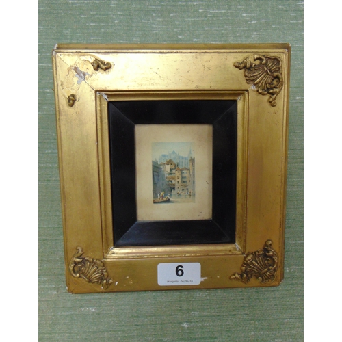 6 - Antique framed and glazed miniature watercolour,  Venetian canal side scene. 2.5 x 1