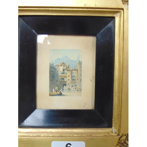 6 - Antique framed and glazed miniature watercolour,  Venetian canal side scene. 2.5 x 1