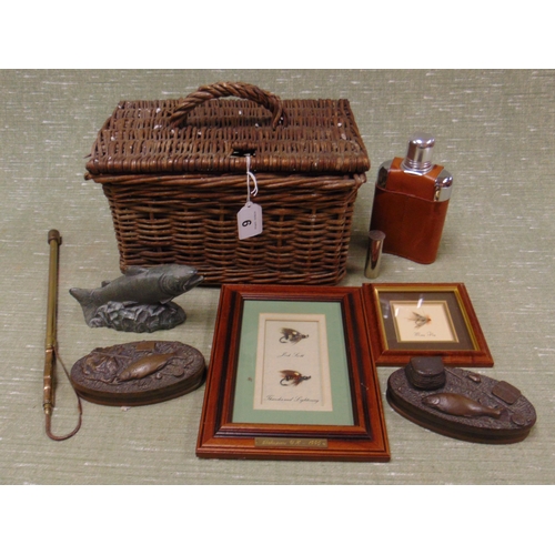 9 - Antique brass fishing gaff, small wicker basket, etc.