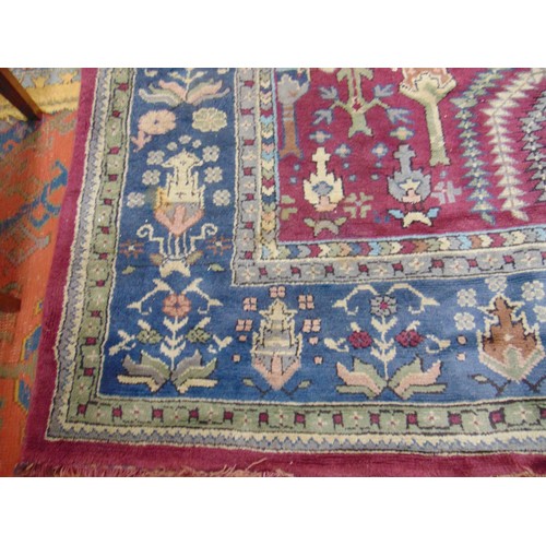 350 - Persian purple and blue ground rug, having geometric pattern,  143 x 109