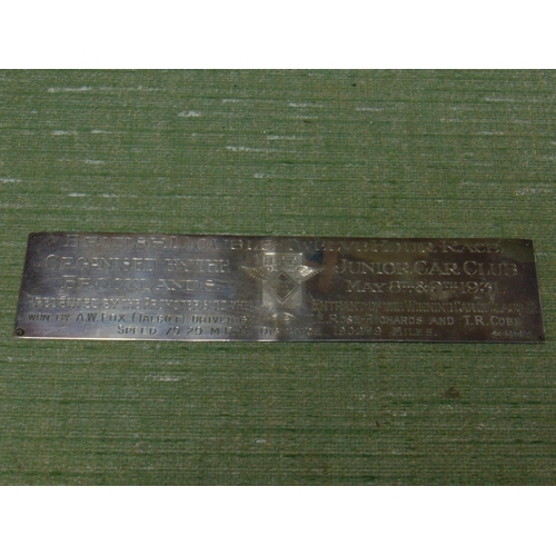 117 - Silver plaque, commemorating the British Double twelve hour race, 1931 winners, won by T.E. Rose Ric... 