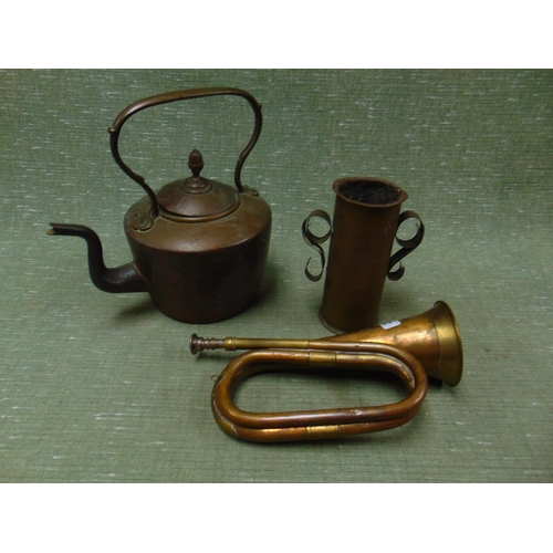 27 - Trench art vase, bugle, warming pan and a kettle.