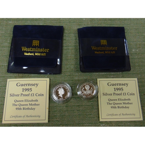 42 - Pair of silver proof encapsulated 1995 Guernsey Queen Mother 95th birthday pound coins with certific... 