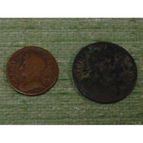 43 - Copper Charles II farthing and William and Mary halfpenny.