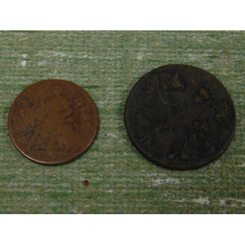 43 - Copper Charles II farthing and William and Mary halfpenny.