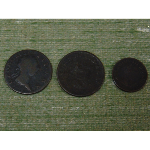 45 - Three copper George III Irish coins, 1769 & 1805 halfpennies and an 1806 farthing.