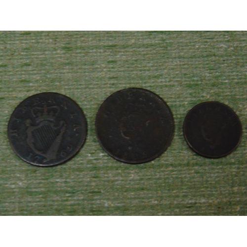 45 - Three copper George III Irish coins, 1769 & 1805 halfpennies and an 1806 farthing.