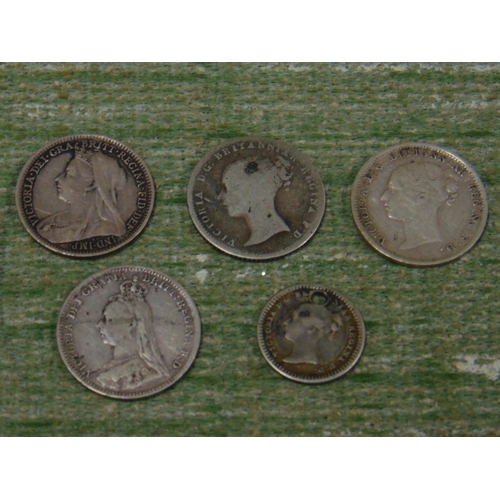 46 - Silver Victoria groat 1842, threepences  1884, 1884, 1891, & 1899 threepences and an 1838 halfpenny.