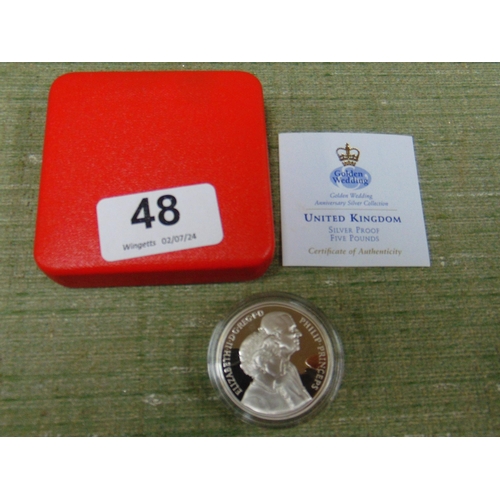48 - Silver proof cased and encapsulated 1997 golden wedding £5 coin.