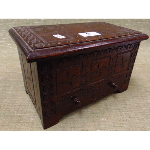 6 - A miniature oak mule chest, lift up lid, with two short drawers and carved decoration, 6 x 10 x 5.5