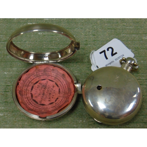 72 - Antique silver pair cased pocket watch, having Roman numerals, enamel dial, decorated with Adam & Ev... 