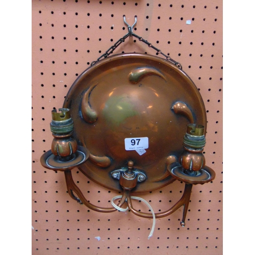 97 - Copper twin branch light fitting.