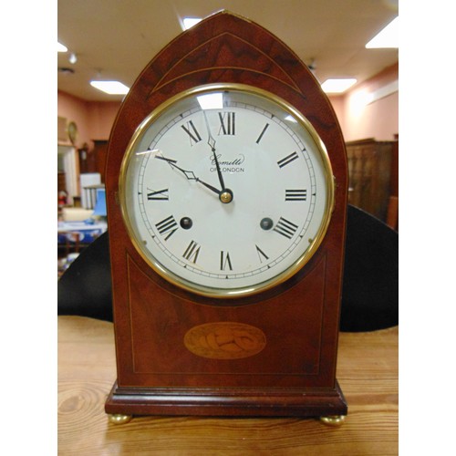 528 - Comitti reproduction shell  inlaid mahogany mantle clock, 10.5