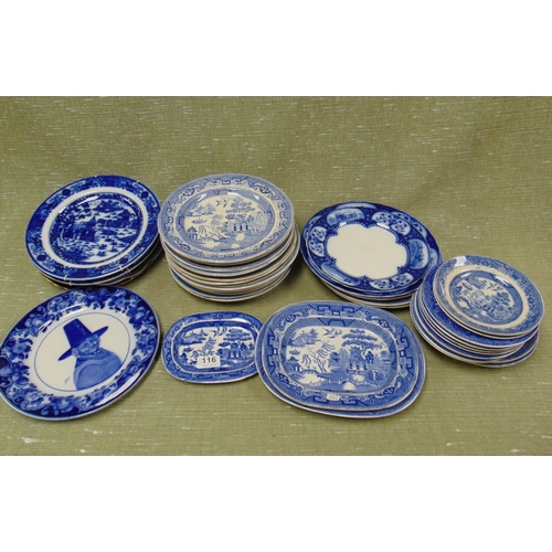 116 - Collection of antique blue and white plates, willow pattern dish, etc.