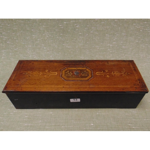 13 - Antique inlaid rosewood box, having lift up lid. 5 x 20 x 6.5