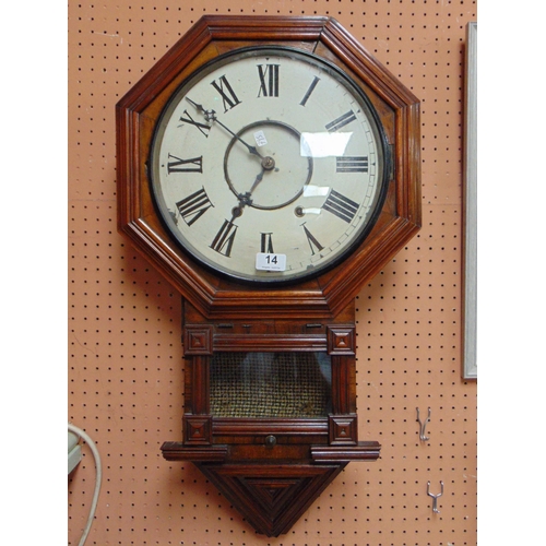 14 - Victorian American drop dial wall clock, having enamel face and Roman numerals. 32 x16