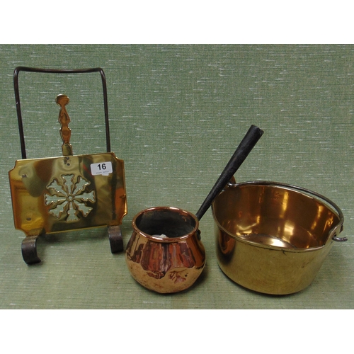 16 - Antique brass adjustable kettle stand, small skillet and a copper saucepan. (3)