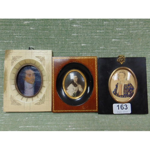 163 - Antique framed and glazed watercolour,  half length portrait of a lady, and two other miniatures.