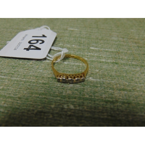 164 - 18ct gold ring, set with five small diamonds, size N.