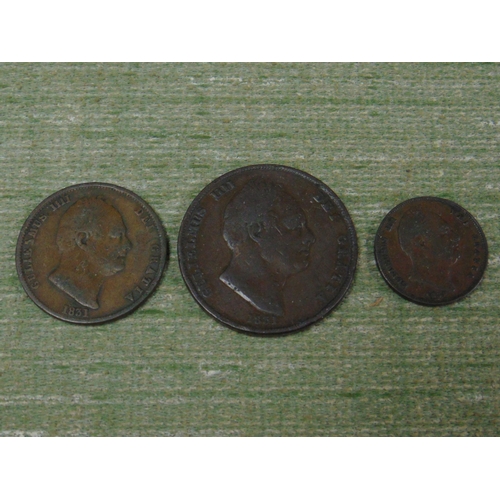 182 - Three copper William IV coins, 1831 penny, 1831 halfpenny  and an 1834 farthing.