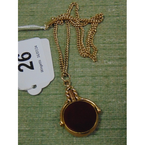 26 - 9ct gold cased blood stone watch fob and gold chain.