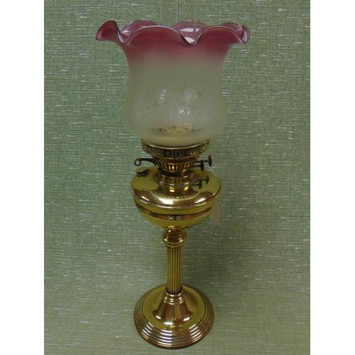 3 - Brass oil lamp, having purple etched glass shade, fluted column, 24