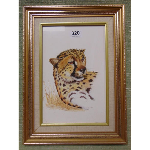 320 - Marjorie J Dorber, framed porcelain plaque, depicting a Cheetah, 11 x 7