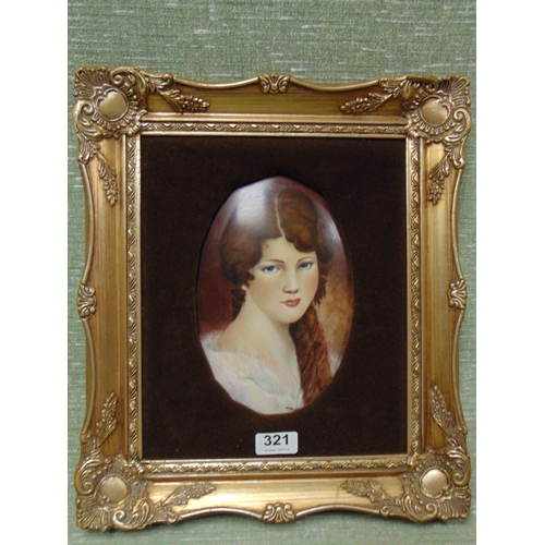 321 - Marjorie J Dorber, gilt framed porcelain plaque, depicting a head & shoulder portrait of a lady, 9 x... 