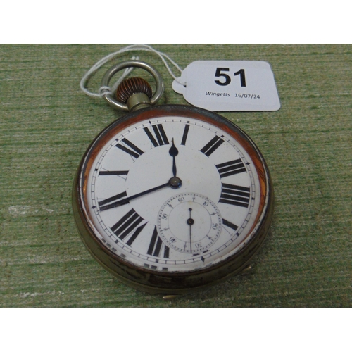 51 - Large antique pocket watch, having enamel face and Roman numerals.