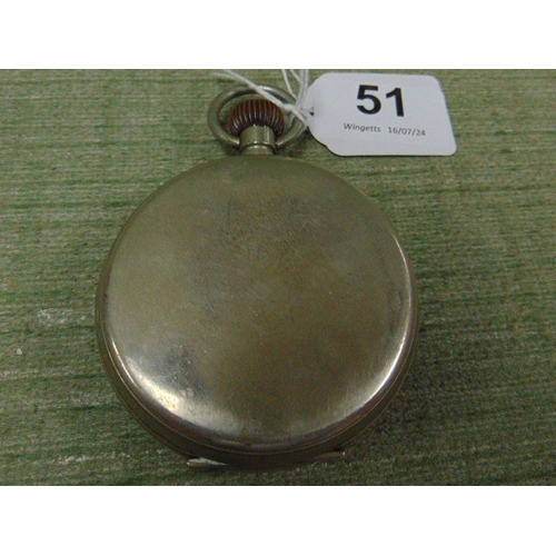 51 - Large antique pocket watch, having enamel face and Roman numerals.