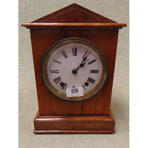 59 - Late 19th century inlaid walnut cased mantle clock, having enamel dial and Roman numerals, 12 x 8 x ... 