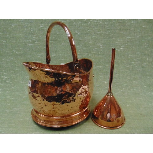 9 - Antique brass coal scuttle and a funnel.