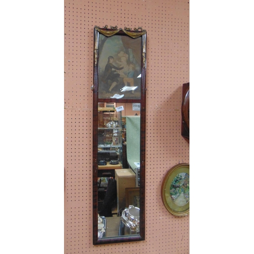 104 - Mahogany chimney mirror, having gilt swag decoration and classical print centre, 44 x 11