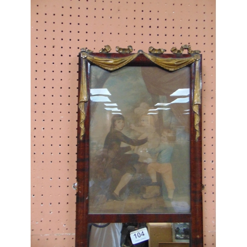 104 - Mahogany chimney mirror, having gilt swag decoration and classical print centre, 44 x 11