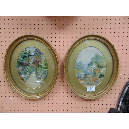 105 - Pair of gilt oval framed and glazed silkworks, country garden scenes, each 8 x 5.5
