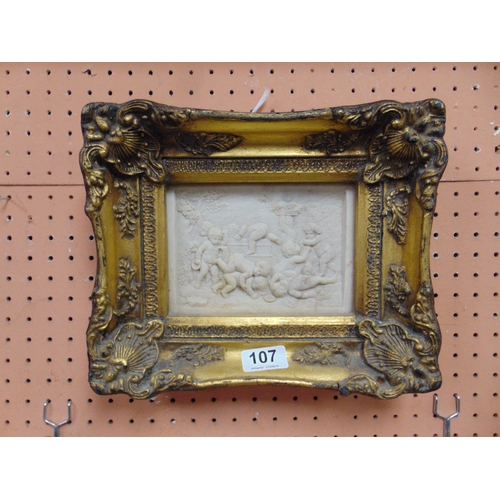 107 - Reproduction gilt framed plaque, depicting cherubs larking, 4 x 6