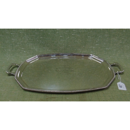 67 - Good Elkington plate two handled tray, presented by the employees of the Wynnstay Collieries to Mr &... 