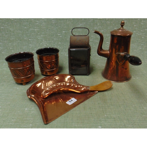 84 - Antique copper chocolate pot, crumb scoop and brush, pair of jardinieres and an antique lamp.