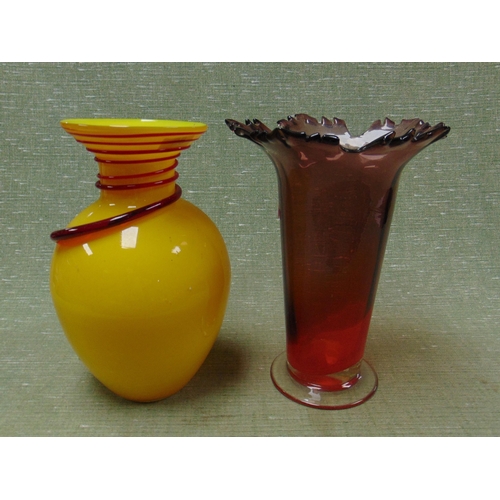 89 - Yellow and red coloured studio glass vase and a ruby coloured example.