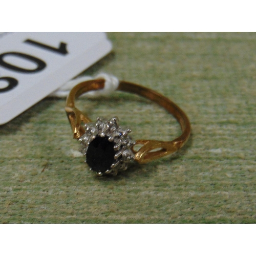 108 - 9ct gold ring, set with sapphire and diamonds, size P.