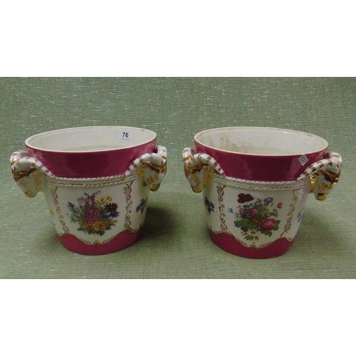 76 - Pair of reproduction china jardinieres, having floral decoration and Rams head handles, 8