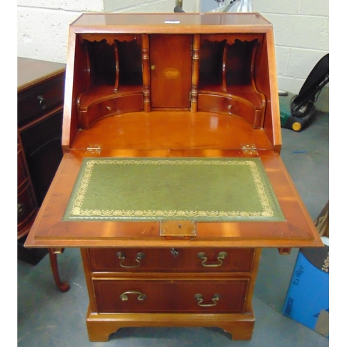 18 - Reproduction shell inlaid bureau, of narrow form, fall front revealing a fitted interior, four long ... 