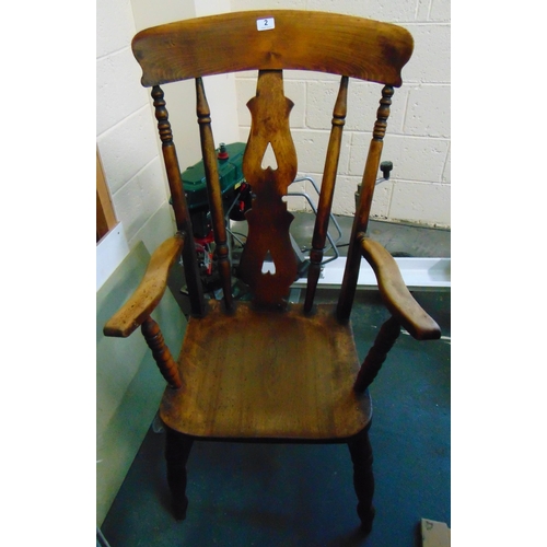 2 - Antique elm farmhouse chair, open arms, solid seat, on turned supports and stretchers.