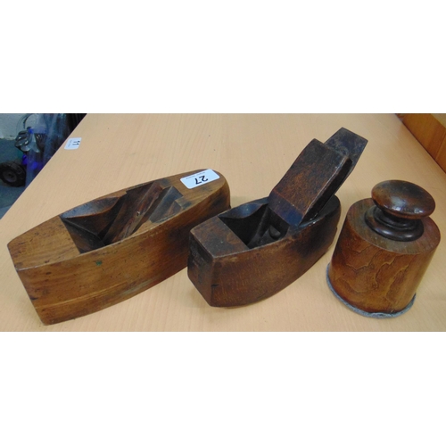 27 - Two vintage wood planes  and a wooden palm gavel.