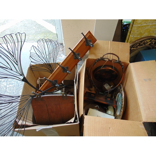 41 - Two boxes of metalware, to include a table top dinner gong and striker.