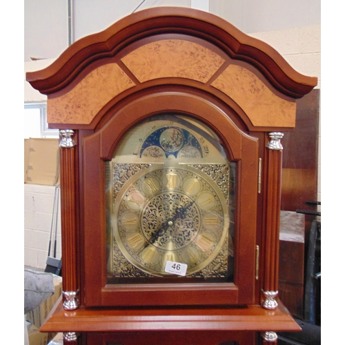 46 - Reproduction longcase clock, having gilt metal face, Roman numerals, visible weights and pendulum, 7... 