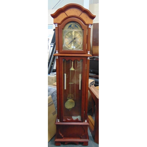 46 - Reproduction longcase clock, having gilt metal face, Roman numerals, visible weights and pendulum, 7... 