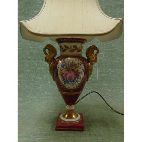 44 - Ornate floral decorated table lamp and shade, having gilt highlights. 13