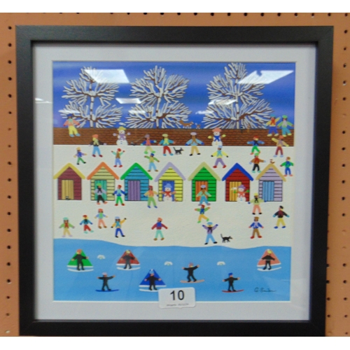 10 - Gordon Barker, framed and glazed oil painting - Down at the beach huts on a snowy day, signed lower ... 