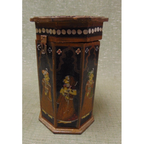 28 - Eastern octagonal form trinket box, having lift up lid and painted figural decoration, 10